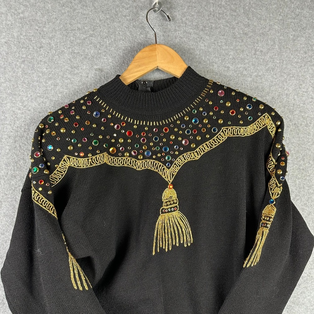 Vintage Antonella Preve NY Gold Tassels & 80's Bling Sweater Size Medium - Picture 9 of 11